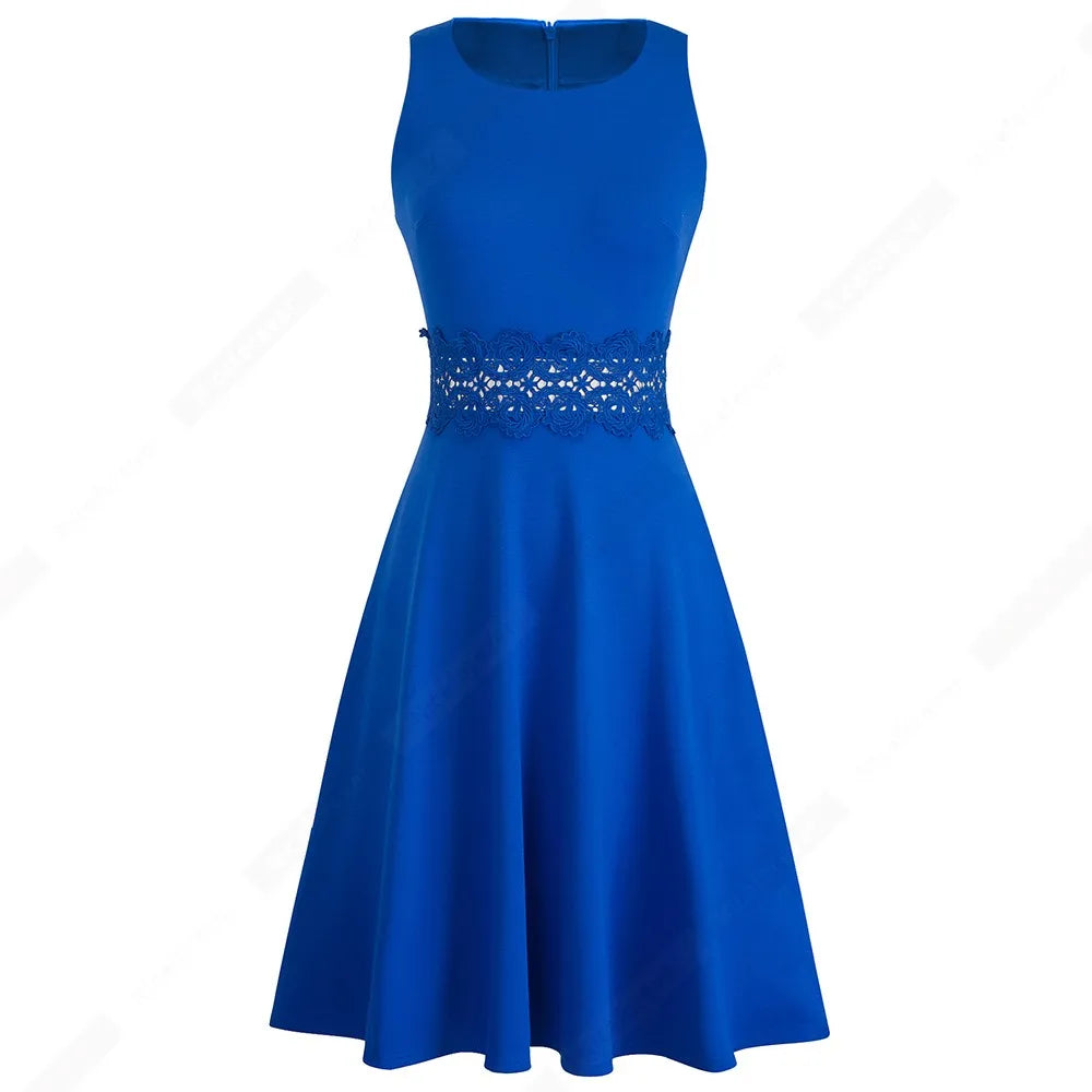 Women Vintage Casual Round Neck A line Summer Elegant Floral Lace Patchwork Sleeveless Tunic Party Swing Dress HA079
