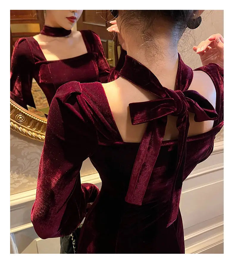 Sexy Dress Women French Retro Vintage Square Collar Waist Office Lady Wine Red Golden Velvet Autumn and Winter Female Clothing