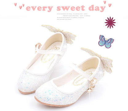 New Kids Leather Shoes Fashion Fringed Butterfly Knot Girls Princess Shoes Casual Glitter Children High Heel Student Dance Shoes