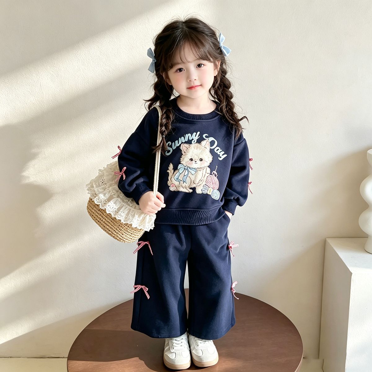 Korean-Style Ins Cat-Themed Girls' Outfit, Spring and Autumn Children's Bow Sweatshirt and Wide-Leg Pants Two-Piece Set, Export Children's Clothing