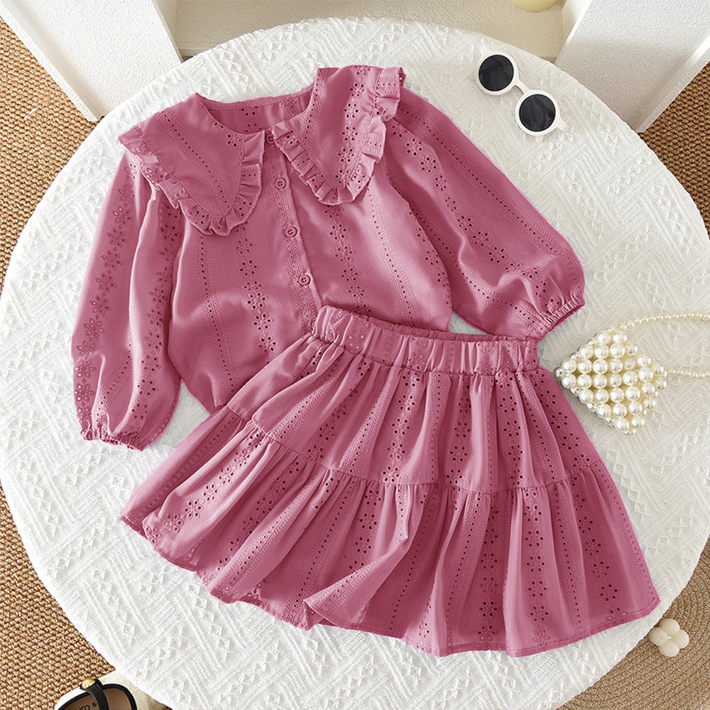 Spring New Cross-Border Style Girls' Korean-Style Children's Clothing Doll Collar Floral Embroidery Top and Short Skirt Two-Piece Casual Set