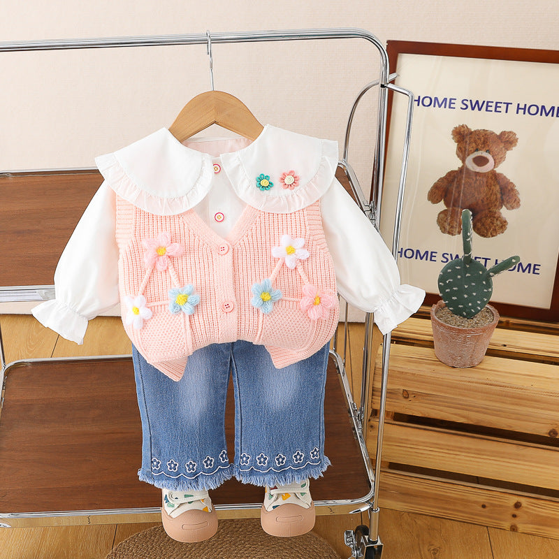 Spring 2025 New Girls' Sweater Vest Shirt Long Sleeve Three-Piece Set Female Baby Casual Denim Trousers suit