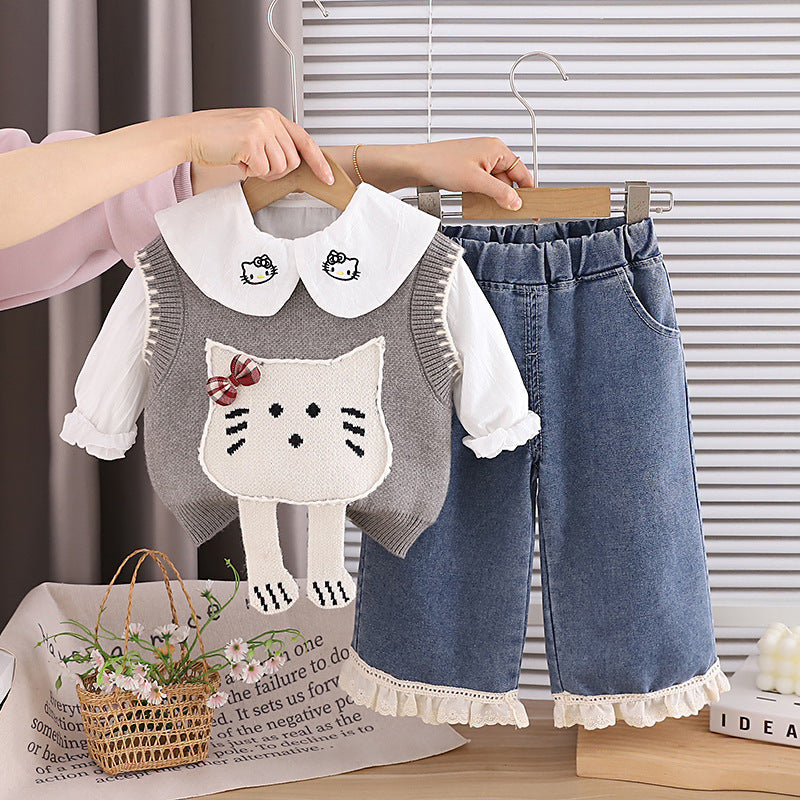 Cute Style Children's Clothing, Autumn Children's Clothing, Little Girl Clothes, Cartoon Three-Dimensional Knitted Vest Three-Piece Set, Baby Girl Clothing