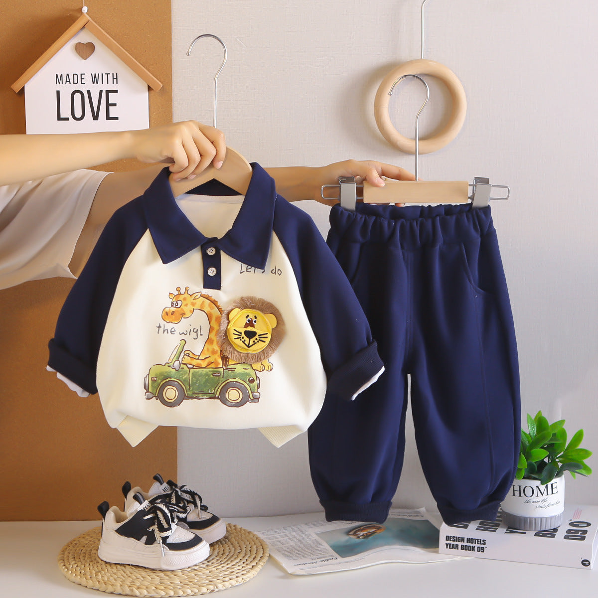 Free Shipping Boys' Outfit New Style Children's Cute Lapel 3D Lion Long-Sleeve Long Pants Two-Piece Set Baby Spring and Autumn Outfit