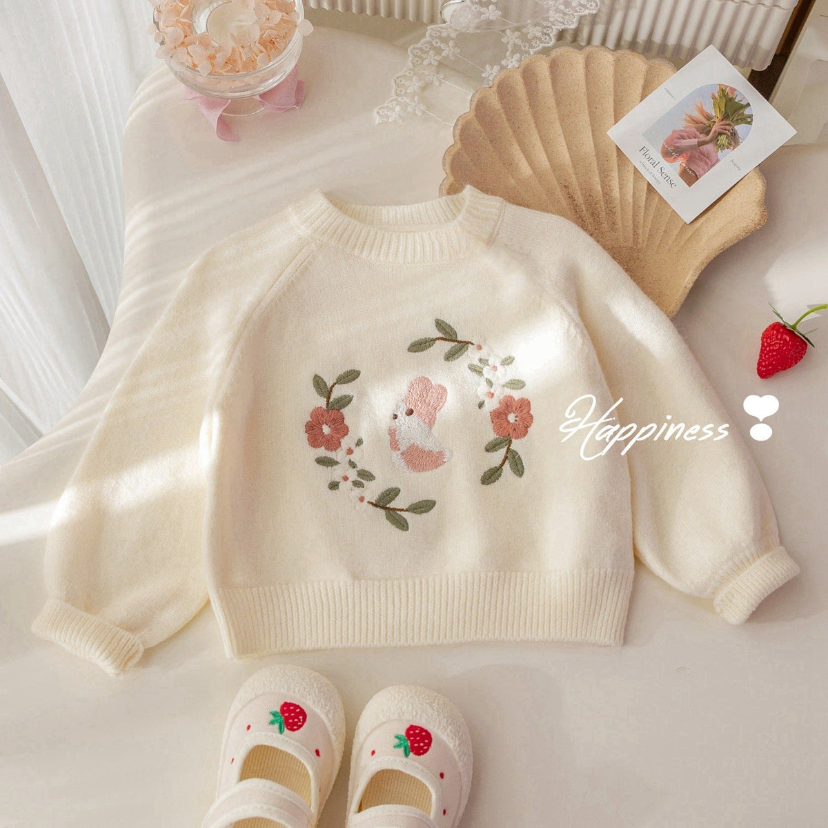 Girls' Cute Bunny Embroidered Sweater, New Spring and Autumn Style, Sweet and Versatile Pullover Knitwear, Baby Girl Autumn Top