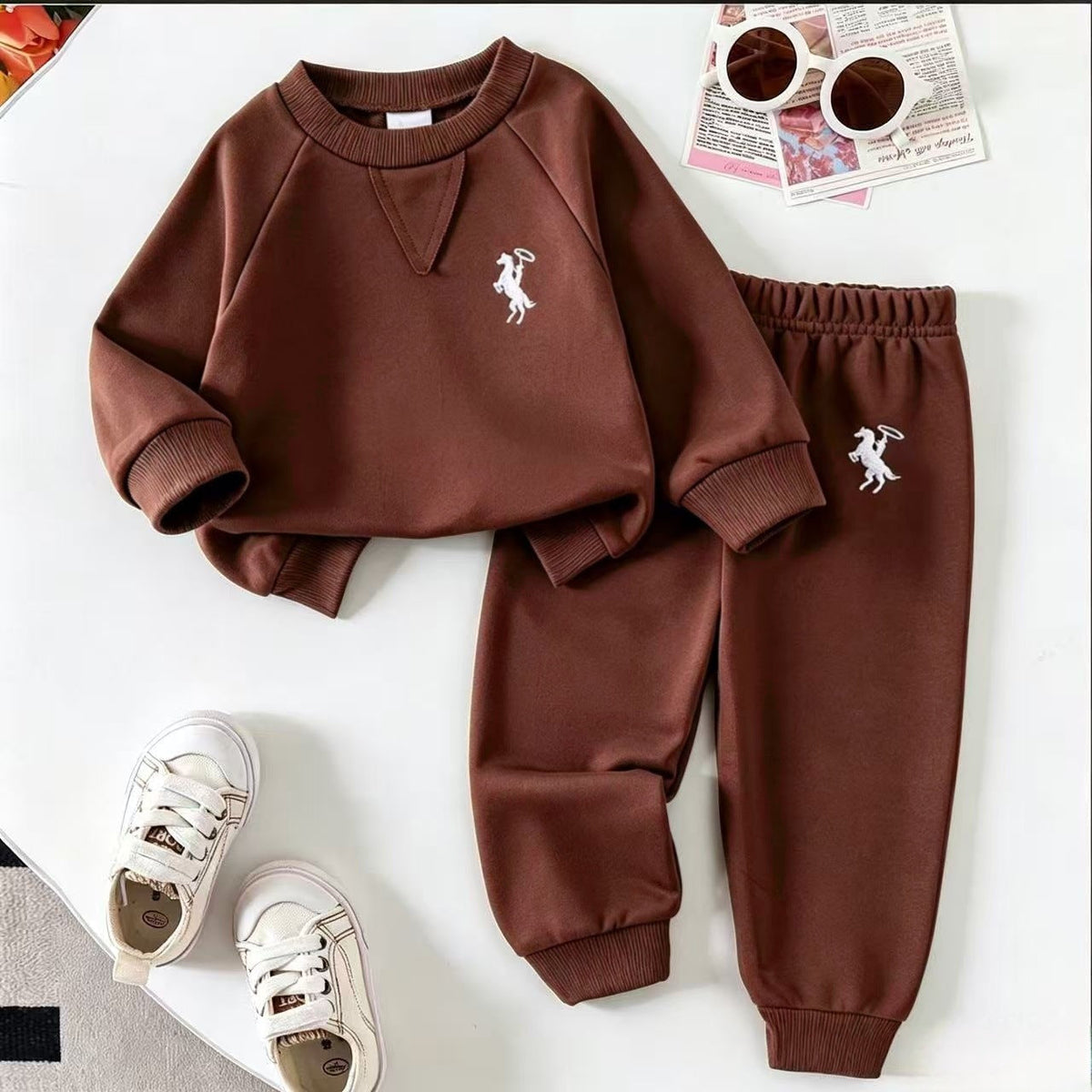 Amazon Cross-Border European and American Children's Clothing Set, Solid Color Knitted Ribbed Long-Sleeve Sweatshirt and Sweatpants Two-Piece Set for Young Children