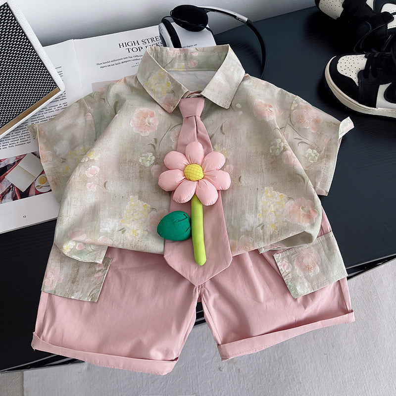 Free shipping for boys' stylish summer clothing, 1-2-3 years old, 5-year-old children's large floral tie shirt short-sleeve two-piece set