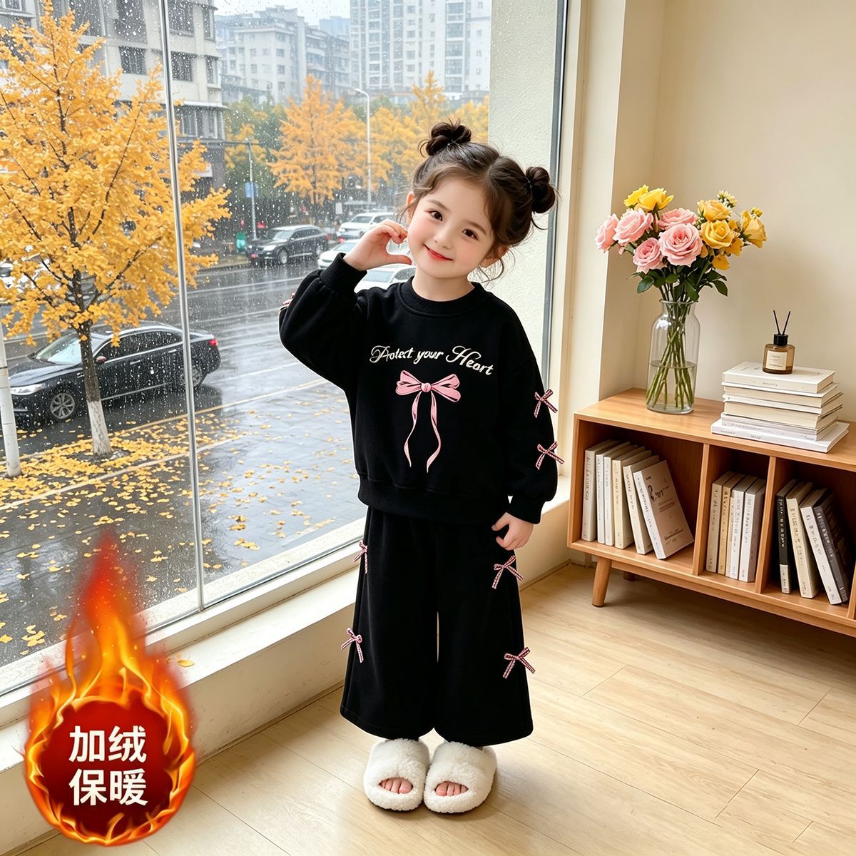 Korean-Style Ins Cat-Themed Girls' Outfit, Spring and Autumn Children's Bow Sweatshirt and Wide-Leg Pants Two-Piece Set, Export Children's Clothing