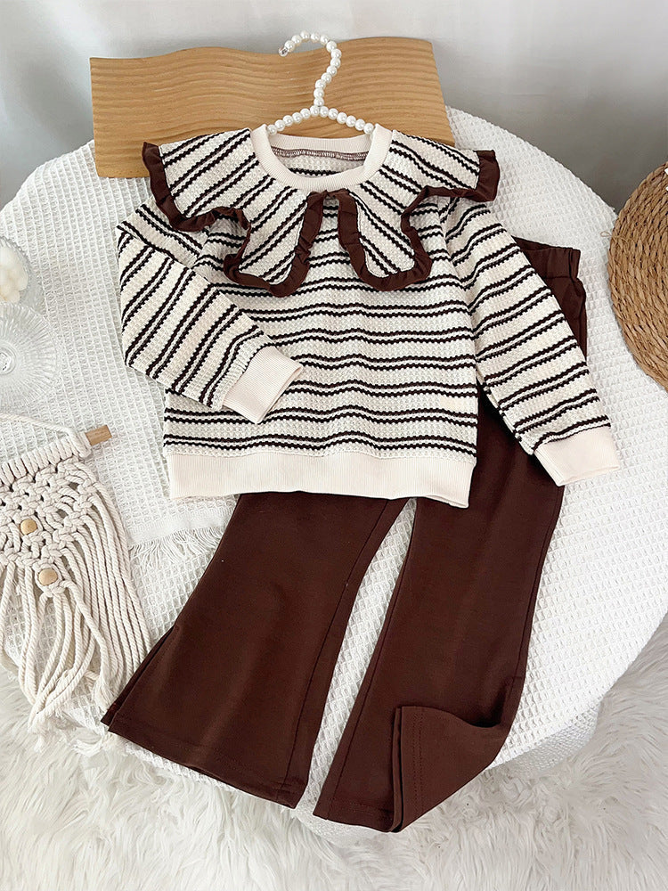New Spring and Autumn Outfit for Girls: Striped Collared Long-Sleeve Sweatshirt and Pants Two-Piece Set, Cross-Border Girls' Outfit