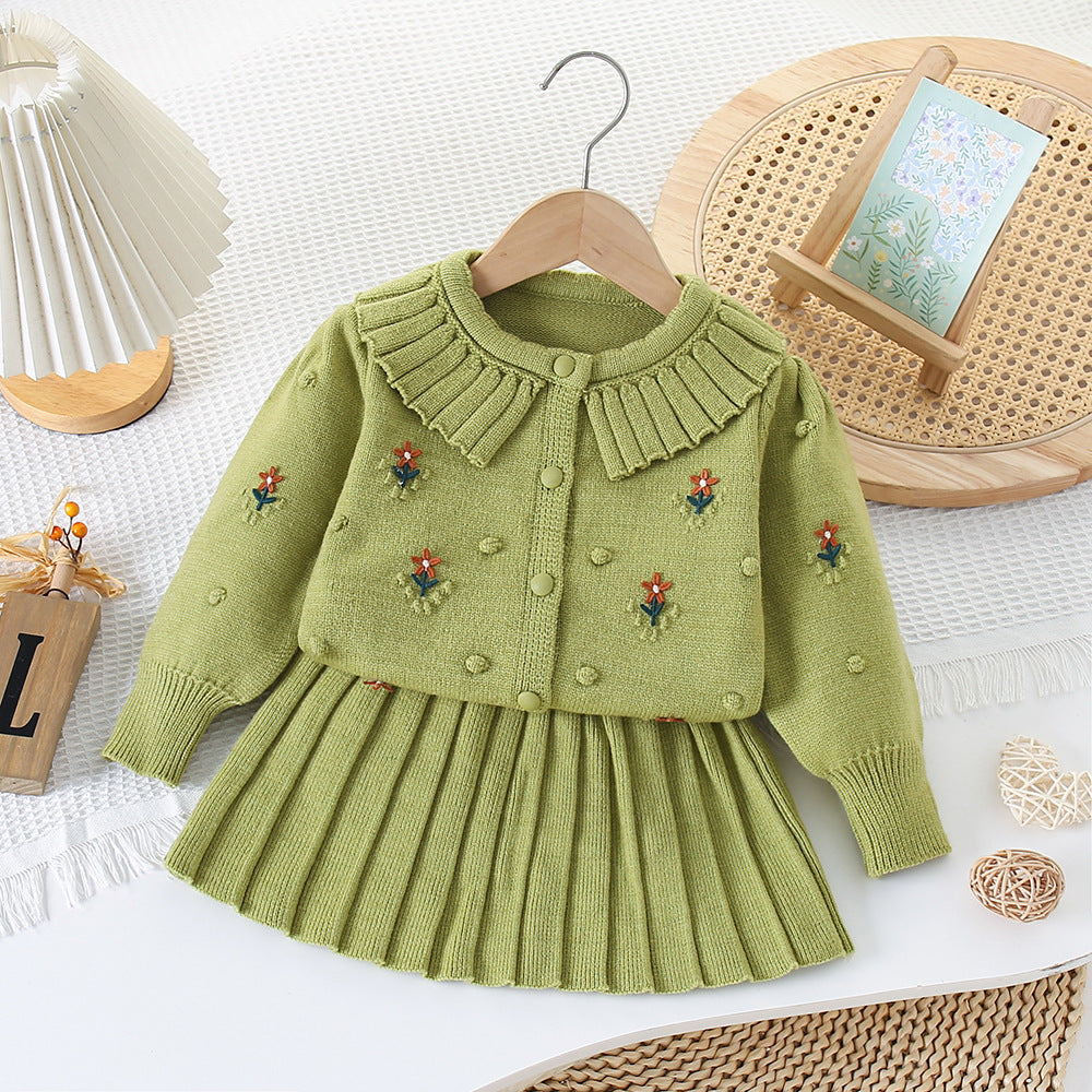 Children's Sweater Dress Small Flower Double Collar Knitted Two-Piece Set Women's Autumn and Winter New Korean Style Western Style Round Neck Sweater Dress