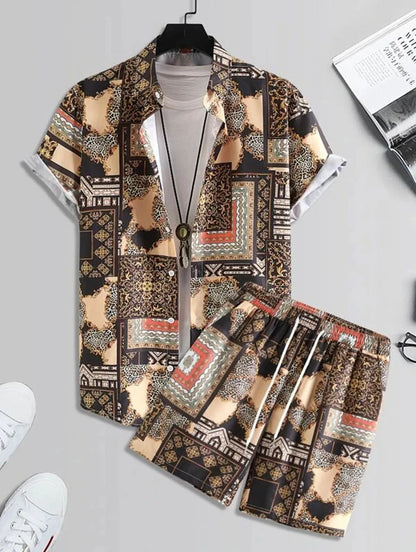 Short Sleeve Men's Summer Loose Foreign Trade Cross-border Casual Hawaiian Floral Beach Shirt Shorts