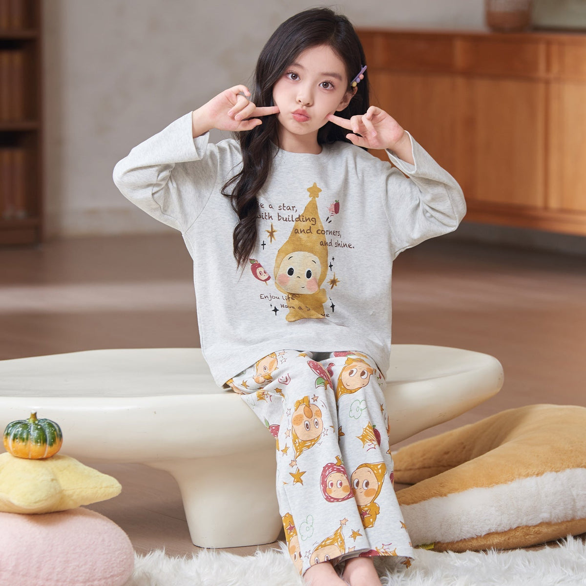 Children's Pajamas 2026 New Model Pure Cotton Long Sleeve Long Pants Spring and Autumn Girls' Cartoon Homewear Set for Older Kids
