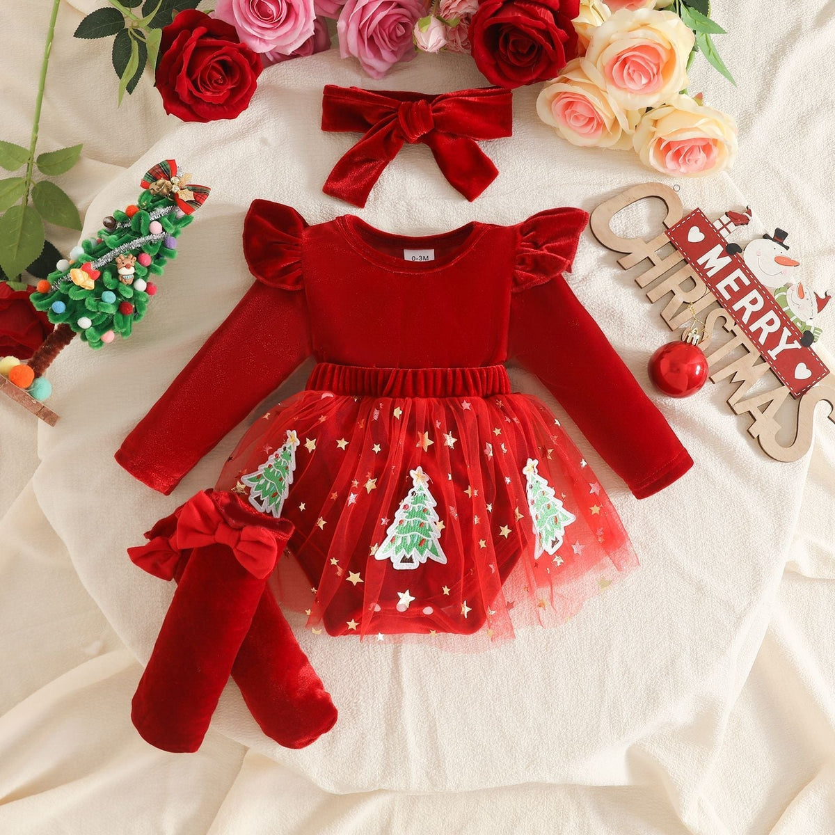 2026 European and American Infant Christmas Dress, Smooth Velvet Fabric, Long Sleeve Mesh Patchwork Dress, Socks, Headscarf