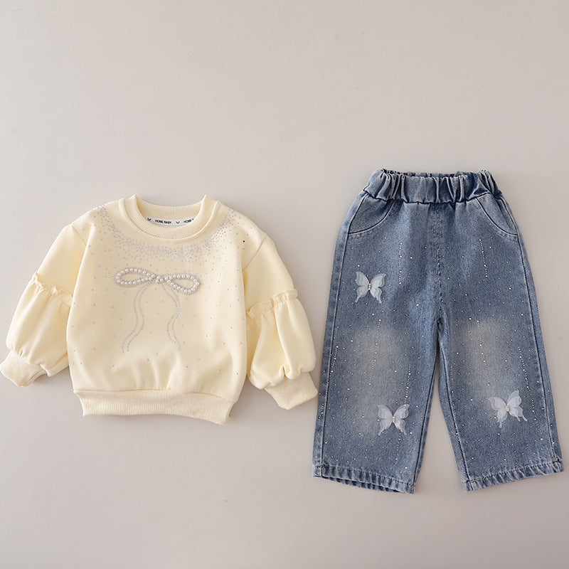 Girls' sweatshirt autumn outfit 2026 new model baby spring and autumn bow two-piece set infant children's clothing