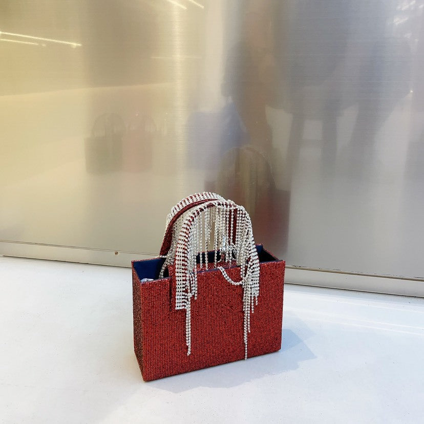 Red Rhinestone Tassel Chain Small Square Bag Fashion Portable