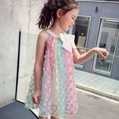 Girls sleeveless dress 2025 summer new color 3D flower skirt children's bow princess skirt