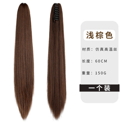 Wigs for women long straight hair clip ponytail natural realistic claw clip synthetic fiber wig ponytail manufacturers (Available)