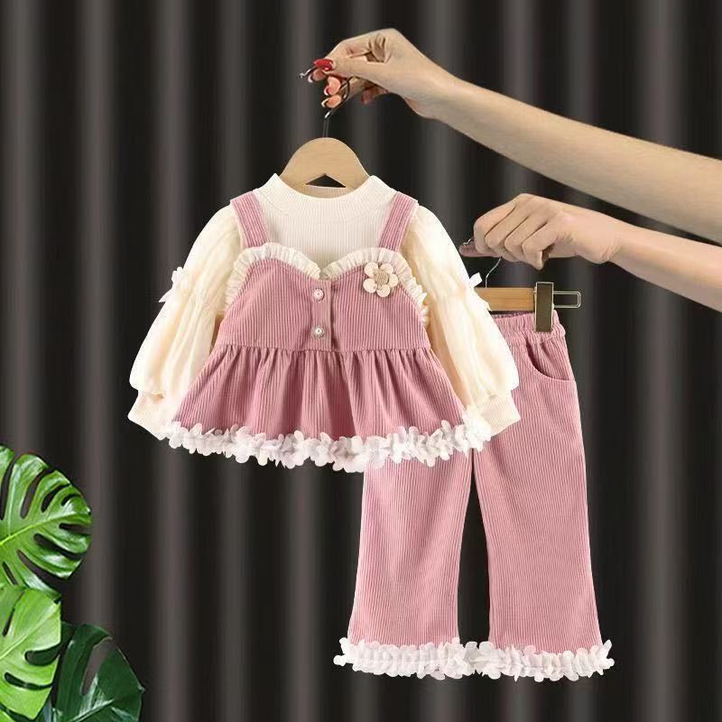 Girls' Spring and Autumn Outfit 2026 New Style Children's Clothing Casual Pants Three-Piece Set Baby Princess Strap Dress