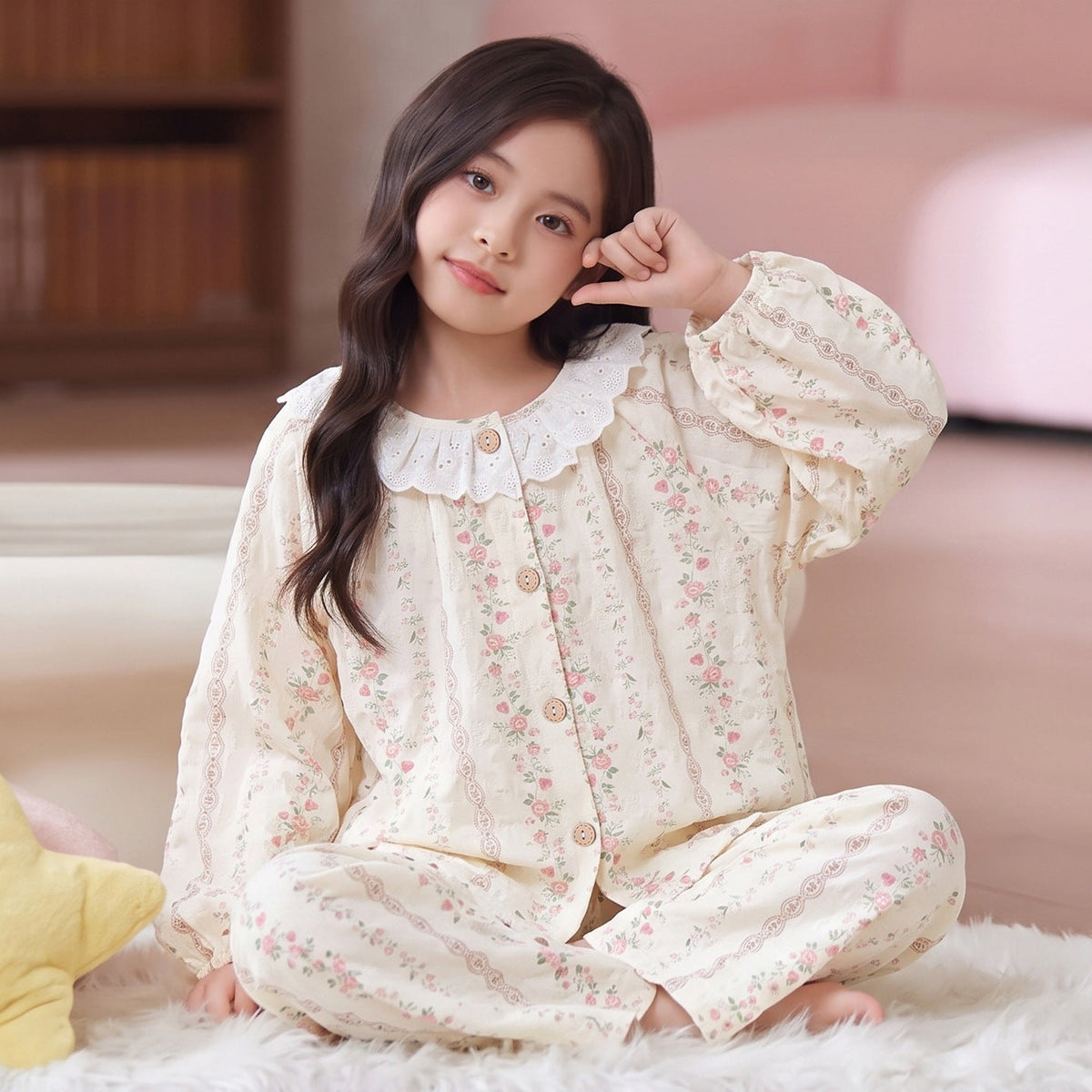 Kids Pajamas for Spring and Autumn Girls’ Cloud Cotton Long-Sleeve Thin Set, Big Kid 2026 New Trendy Homewear