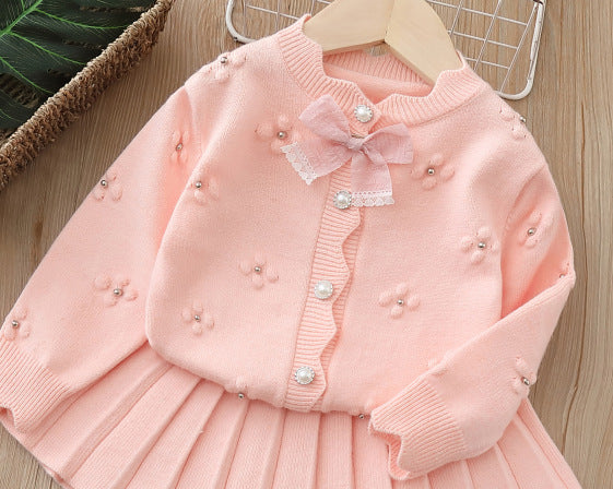 Baby Girl Cardigan Suit 2025 Autumn New Girls Cute Skirt Suit Girls Sweater Suit