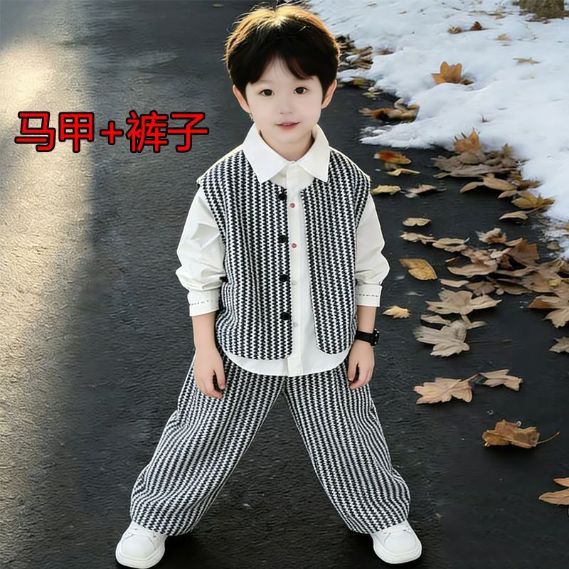 Trendy and Stylish Boys' Outfit 2026 New Children's Spring Clothing Korean Style Shirt Vest Striped Three-Piece Set for Toddlers