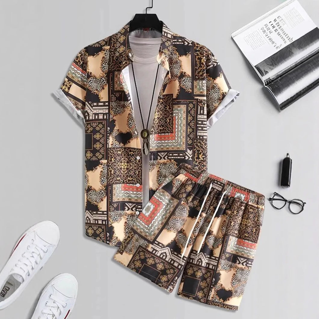 Short Sleeve Men's Summer Loose Foreign Trade Cross-border Casual Hawaiian Floral Beach Shirt Shorts