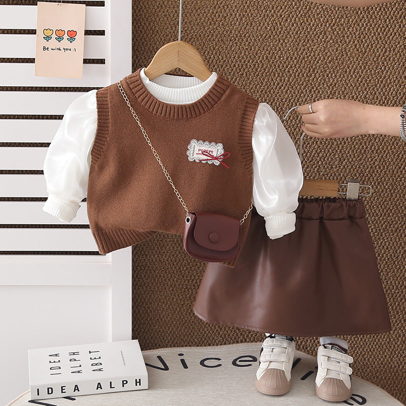 2026 New Girls' Autumn Outfit Set, Stylish Baby Girl Clothes, Spring and Autumn Sweater Vest Three-Piece Set, Trendy