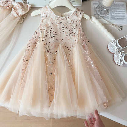 Summer New Korean Girls Beaded Sleeveless Dress Girls Sequined Mesh Princess Dress (Available)