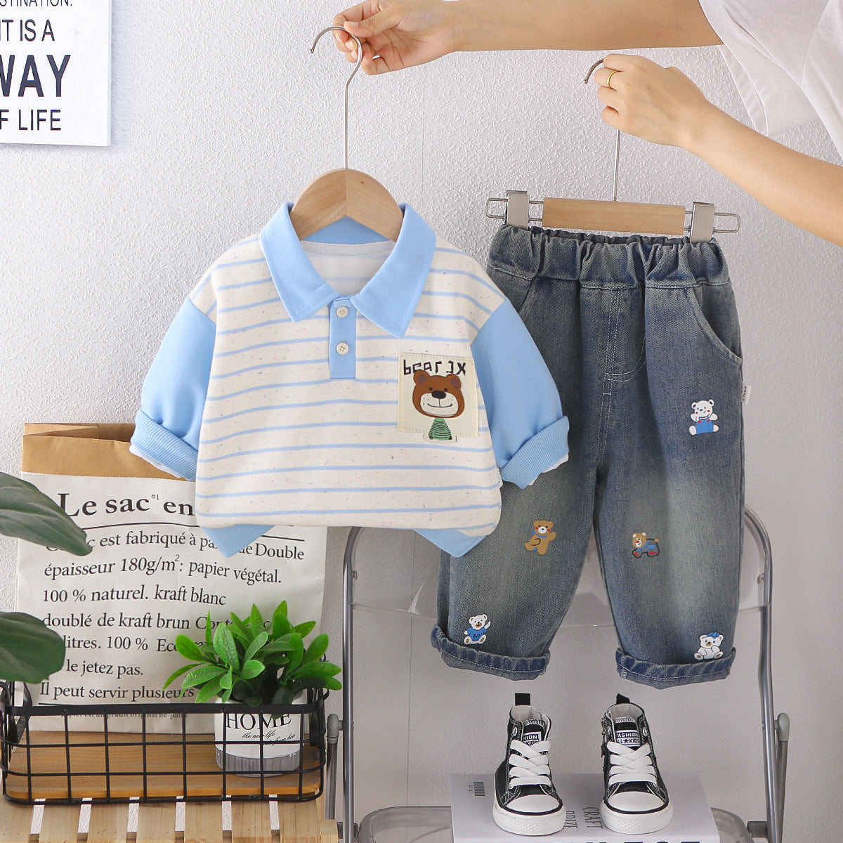 Boys' Striped Polo Set Spring and Autumn New Style Toddler Embroidered Turn-down Collar Sweatshirt and Pants Casual Two-piece Set Children's Clothing Wholesale