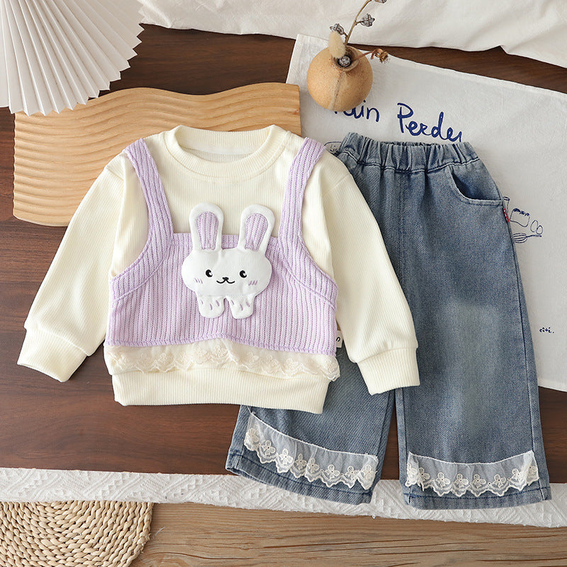 Trendy Girls' Spring and Autumn Outfit 2026 New Style Cute Baby Girl Long-Sleeve Sweatshirt Toddler Two-Piece Set
