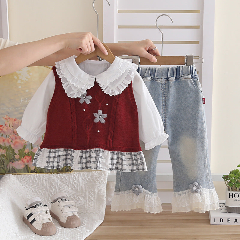 Children's clothing supply: Girls' autumn three-piece set includes a bow-knot knitted vest, lace-collar white shirt, and denim wide-leg pants