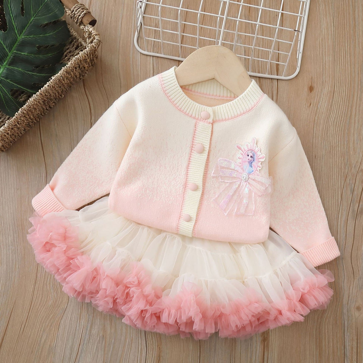 Girls' Cardigan Sweater, Princess Aisha Two-Piece Tutu Skirt, Autumn and Winter New Style, Korean Style Knitted Cardigan Set for Baby Girls