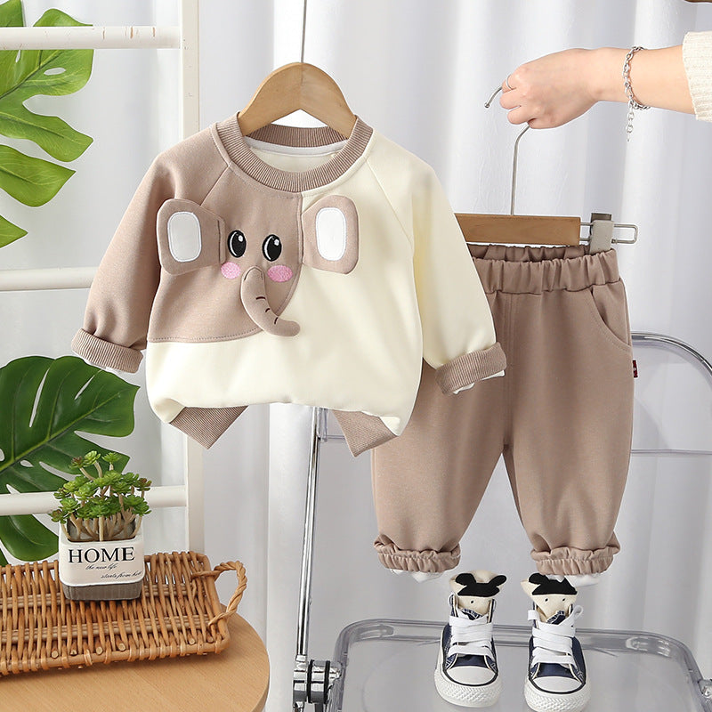 Spring 2025 Korean children's clothing for boys and girls cartoon elephant long sleeve children's suit two-piece children's clothes trendy generation hair