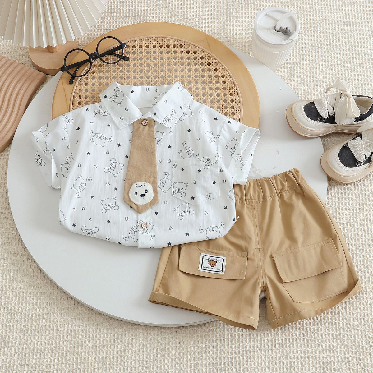 2026 New Boys' Summer Outfit: Bear Tie, Thin Short-Sleeve Shirt for Boys and Girls, Two-Piece Trendy Set