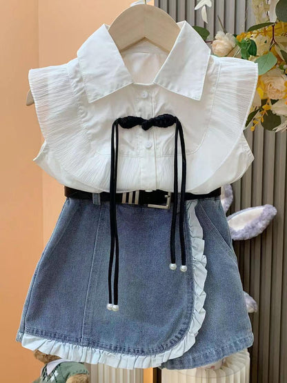 Girls princess style suit summer new baby girl flying sleeve shirt + denim lace skirt pants two-piece suit    (Available)