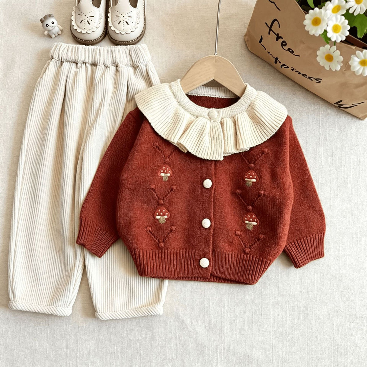 Children's Sweater 2026 New Cardigan with Ruffle Collar, Spring and Autumn Girls' Embroidered Doll Collar Cute Top