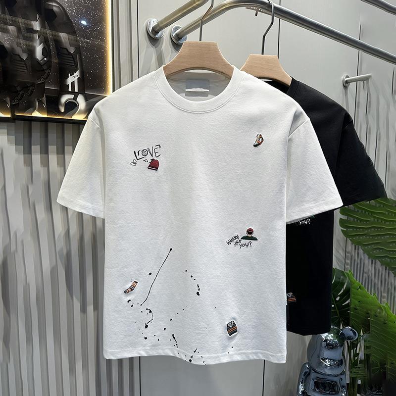 Men's Clothing New Korean Fashion Embroidered T-shirt Short-sleeved Bottoming Shirt 2024 Summer New Versatile Round Neck Top