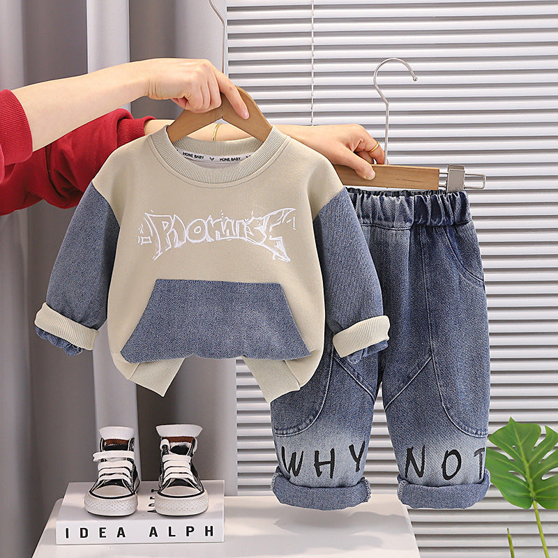 Boys' Spring Outfit Korean Style Children's Stylish Letter Color-Blocking Sweatshirt 2026 New Model Baby Spring and Autumn Two-Piece Set Trendy