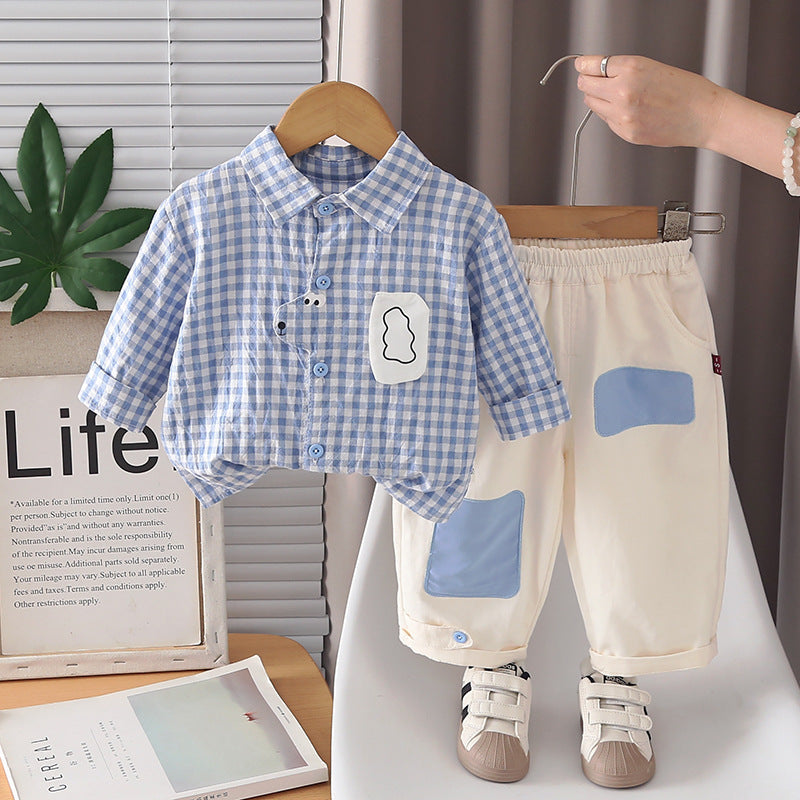 Children's Autumn Plaid Shirt Two-Piece Set Korean Style Toddler Patch Pocket Shirt Boys' Spring and Autumn Long Sleeve Outfit
