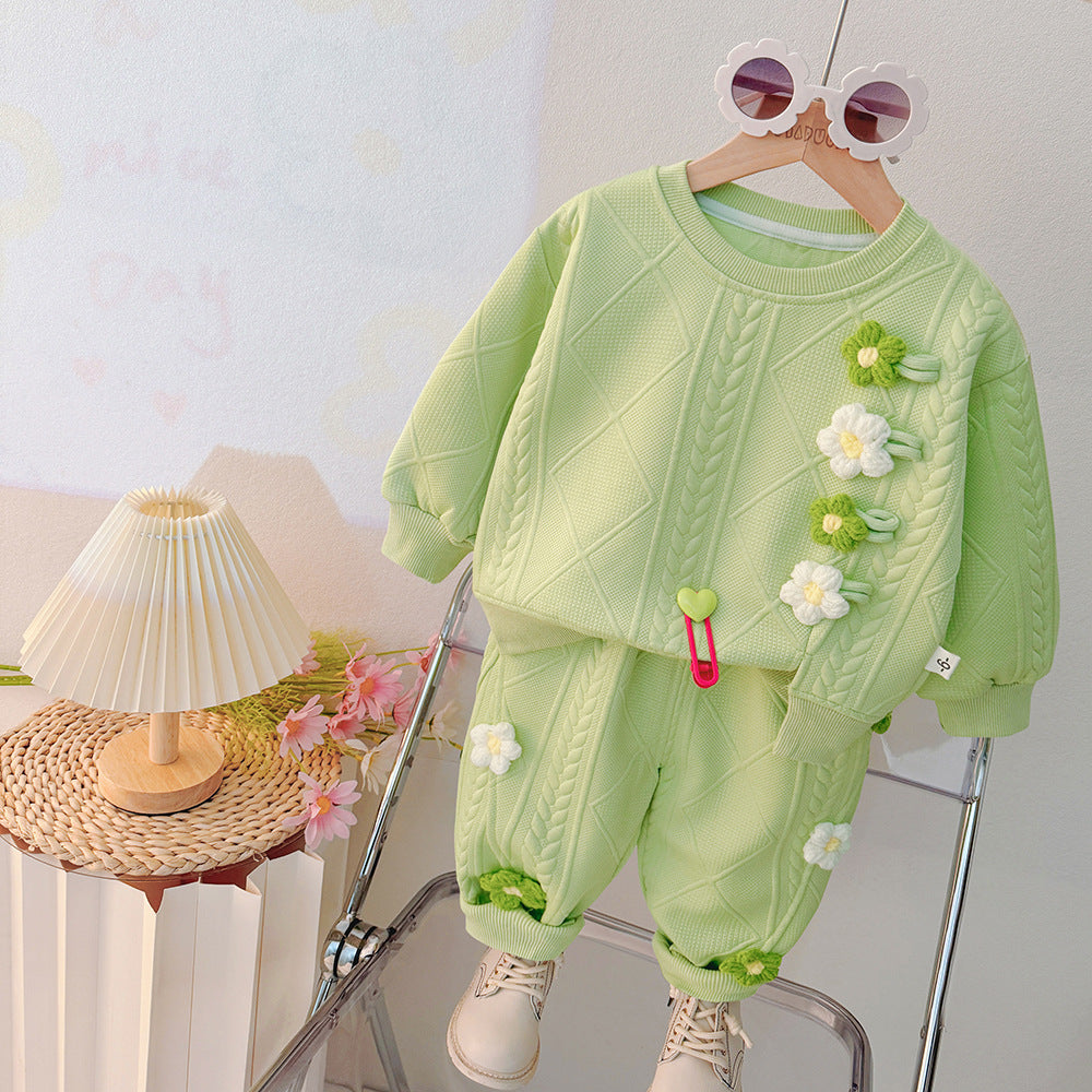 Girls suit spring and autumn 2025 new girls two-color small flower baby spring two-piece children's clothing a generation of hair