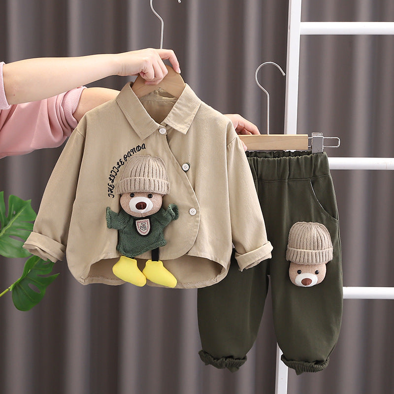 2025 new Korean children's clothing boys bear shirt 0-5 years old two-piece spring children's suit generation