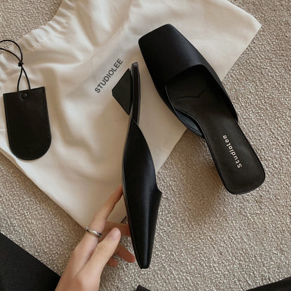 French Style Square Toe Low-cut Silk Satin Triangle Heel Muller Sandals (Available)