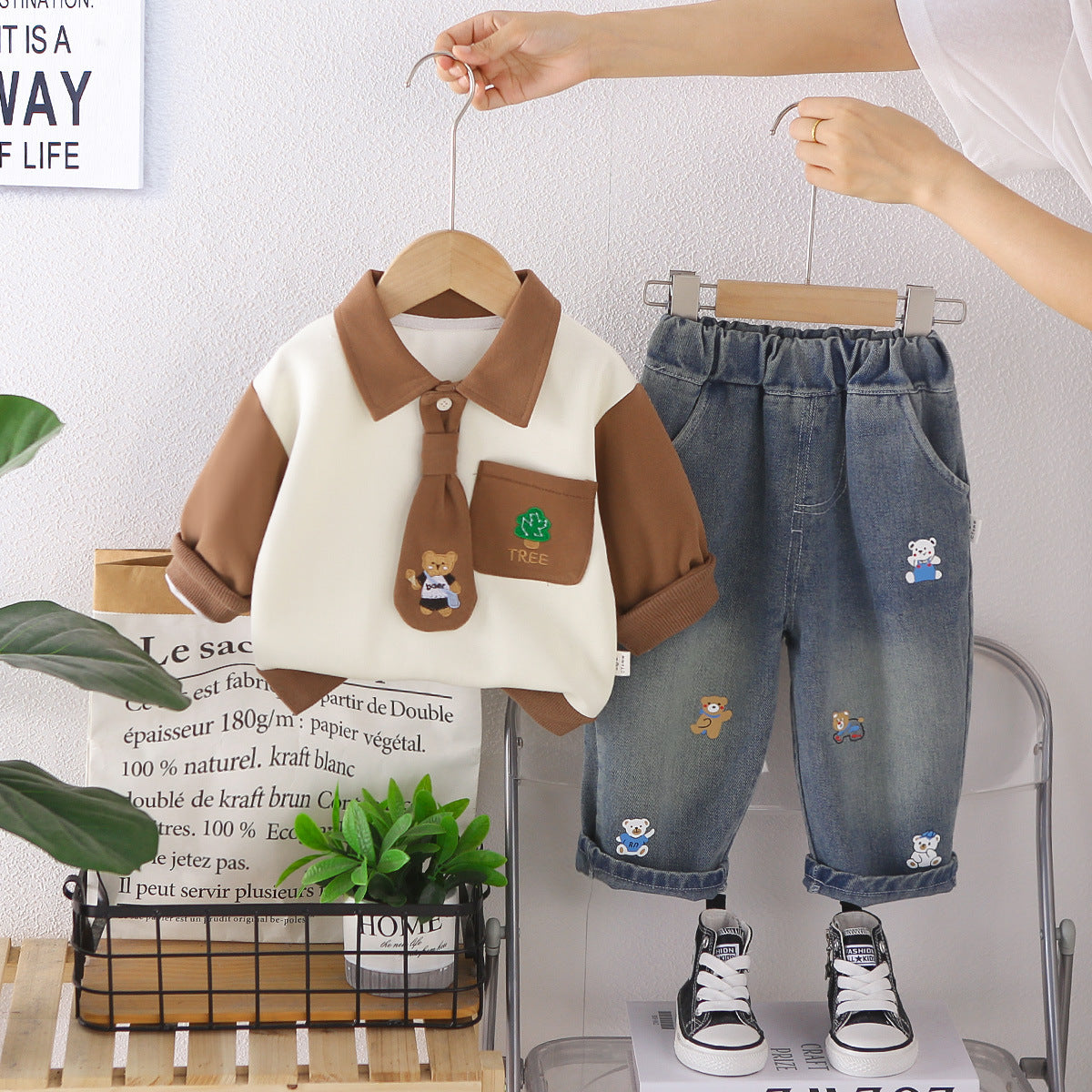 Boys' Striped Polo Set Spring and Autumn New Style Toddler Embroidered Turn-down Collar Sweatshirt and Pants Casual Two-piece Set Children's Clothing Wholesale