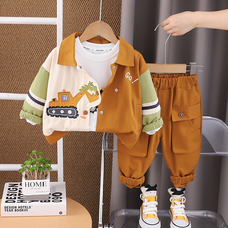 Free Shipping Yikids Boys' Spring and Autumn Wear Little Boy's Digger Color-matching Jacket Long Sleeve Three-piece Korean Fashion Children's Wear