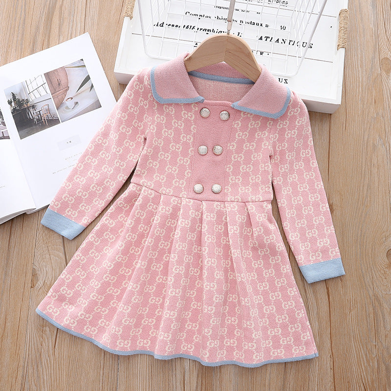 Girls' Knitted Elegant Long-Sleeved Princess Dress for Baby Girls Aged 1-6 Years Old, Fashionable g Letter Sweater for Autumn and Winter