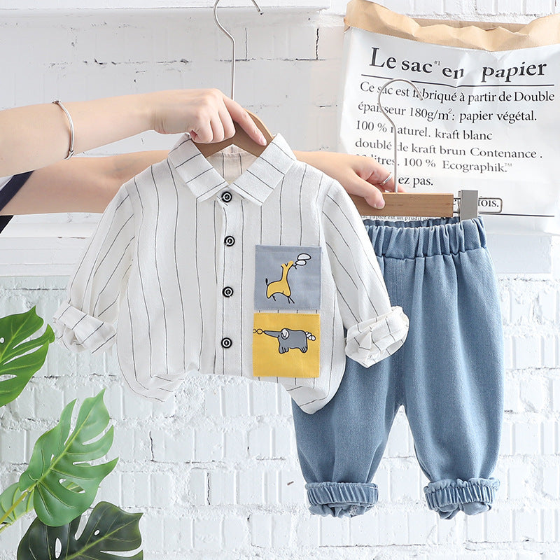 Children's Clothing 2022 Autumn New Elephant Shirt Two-piece Set Boys' Long-sleeved Casual Children's Suit Generating Hair
