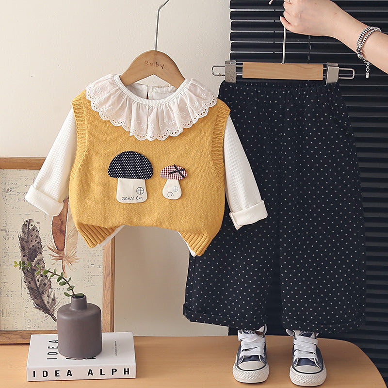 Girls' Korean-style autumn outfit set, baby 2026 new spring and autumn stylish mushroom sweater vest three-piece set wholesale