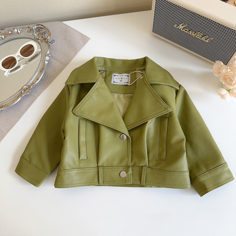 Girls' Leather Jacket Spring and Autumn New Fashion Stylish Diagonal Zipper Long-Sleeve Jacket 2026 New Arrival Top Coat