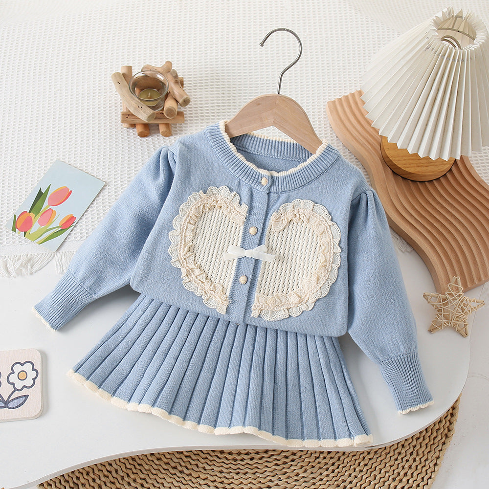 Baby Girl Sweater Skirt Girls Autumn and Winter New Fashionable Big Heart Knitted Two-Piece Set Korean Style Sweater Skirt