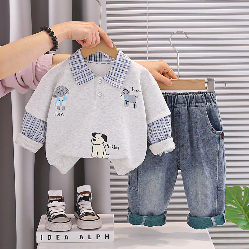 Free Shipping Yikids Boys' Spring Clothing New Style Puppy Lapel Long-Sleeved Sweatshirt and Jeans Set Baby Fashionable Children's Clothing